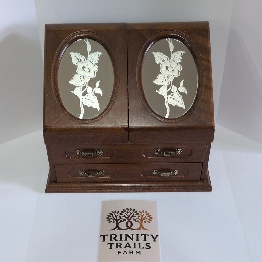 Vintage Rosalco™ Large Wood Jewelry Box, 2 Mirror Doors